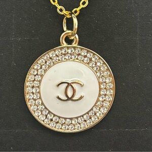 CC CHANEL Gold White Logo Crystal Charm Upcycled Necklace, 18 inches